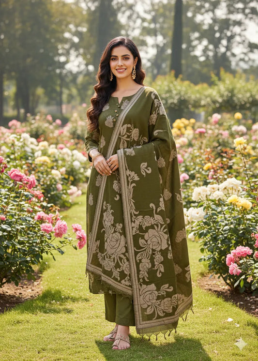 PERSIAN WOOL WINTER 3PC SUIT WITH PALACHI SHWAL (Olive Green)