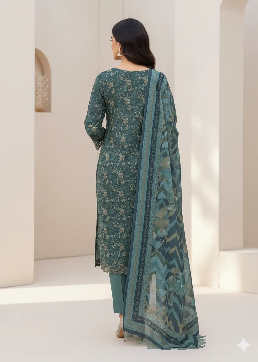 PERSIAN WOOL WINTER PRINTED 3PC SUIT (Dark Green Brown Flowers Nw)