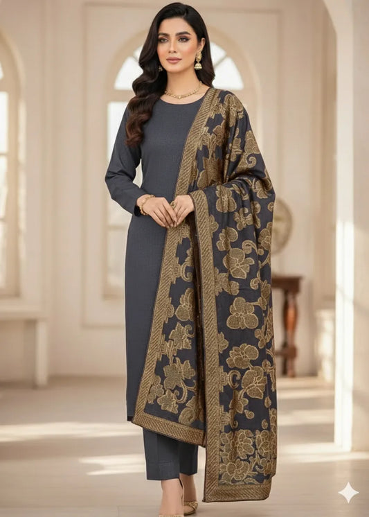 PERSIAN WOOL WINTER 3PC SUIT WITH PALACHI SHWAL (Grey) PSD-02