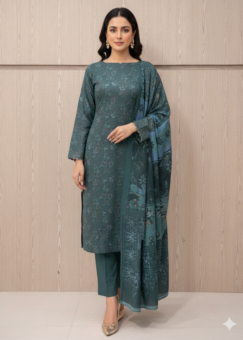 PERSIAN WOOL WINTER PRINTED 3PC SUIT (Dark Green Nw)