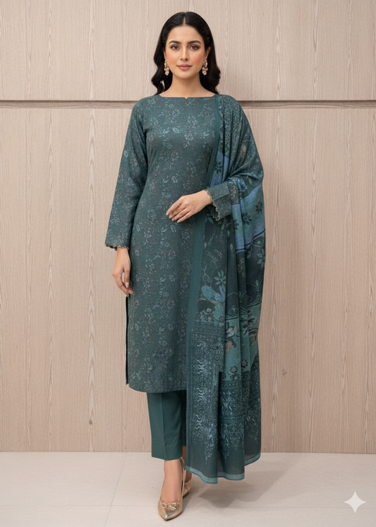 PERSIAN WOOL WINTER PRINTED 3PC SUIT (Dark Green Nw)