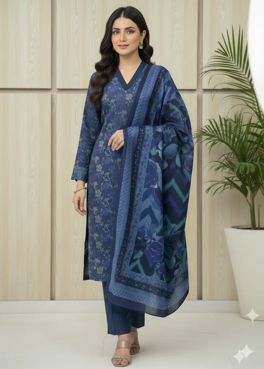 PERSIAN WOOL WINTER PRINTED 3PC SUIT (Dark Blue)