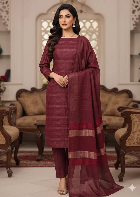 PERSIAN WOOL WINTER PRINTED 3PC SUIT (Maroon)