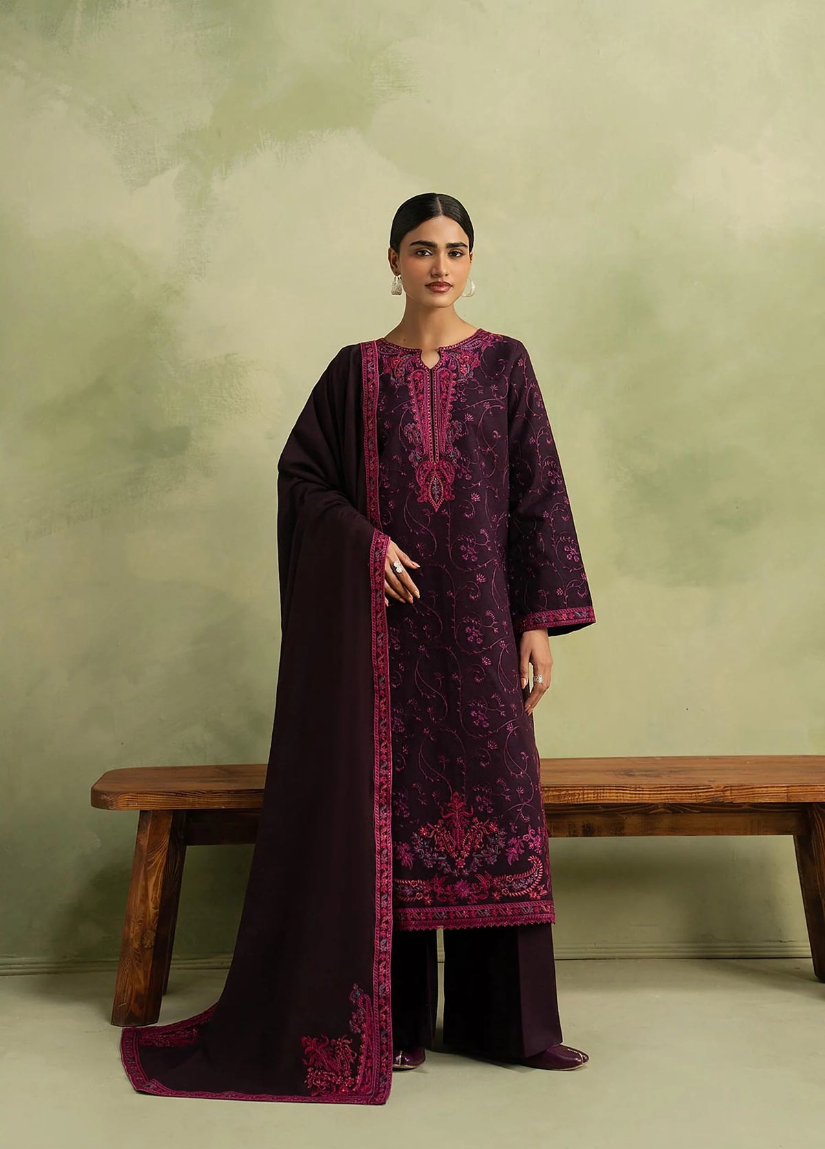 RajBari Exclusive Shawl Unstitched Embroidered Peach Leather 3 Piece Suit RB26UES 01 - Winter Collection