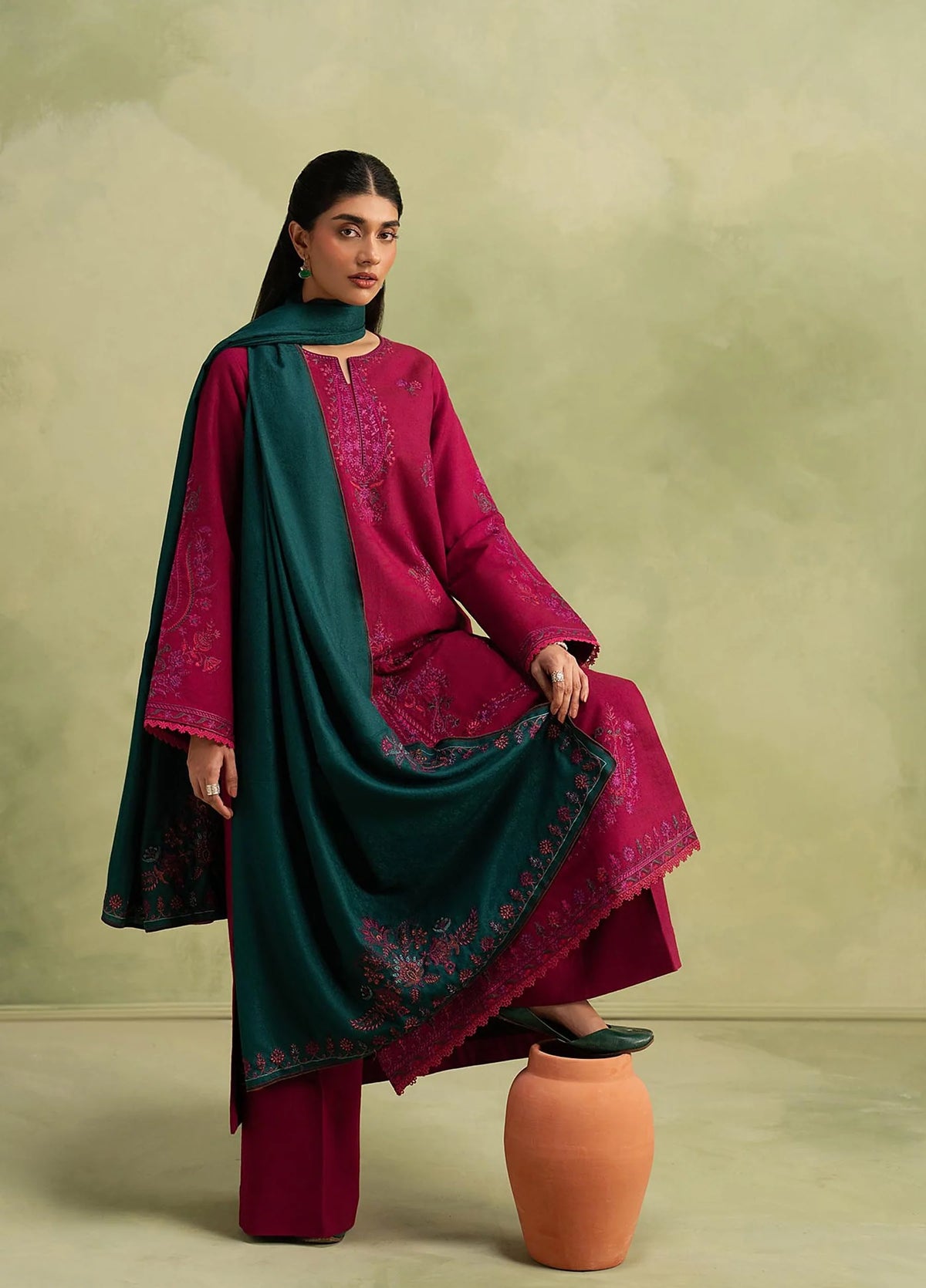 RajBari Exclusive Shawl Unstitched Embroidered Peach Leather 3 Piece Suit RB26UES 02 - Winter Collection