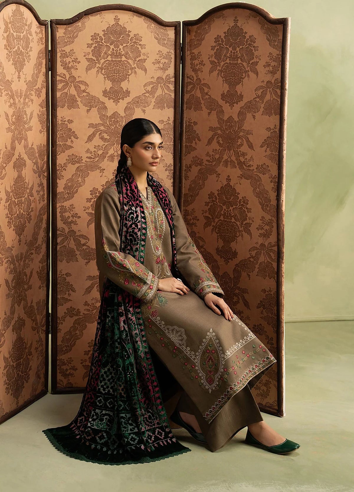 RajBari Exclusive Shawl Unstitched Embroidered Peach Leather 3 Piece Suit RB26UES 04 - Winter Collection