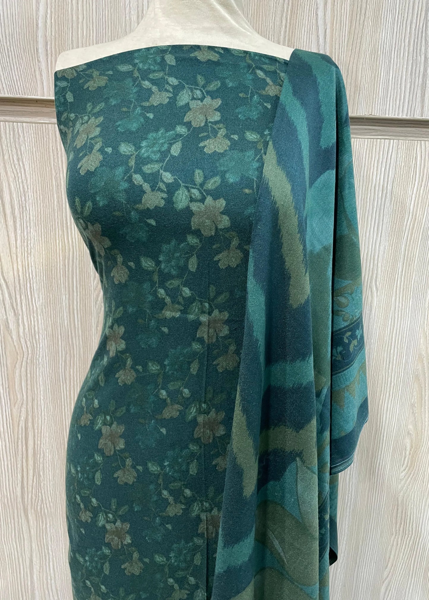 PERSIAN WOOL WINTER PRINTED 3PC SUIT (Dark Green Brown Flowers Nw)