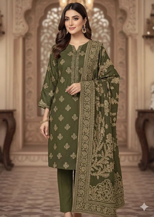 PERSIAN PALACHI WOOL WINTER 3PC SUIT WITH PALACHI SHWAL (Olive Green) PLD-02