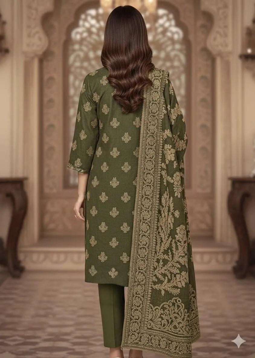 PERSIAN PALACHI WOOL WINTER 3PC SUIT WITH PALACHI SHWAL (Olive Green) PLD-02