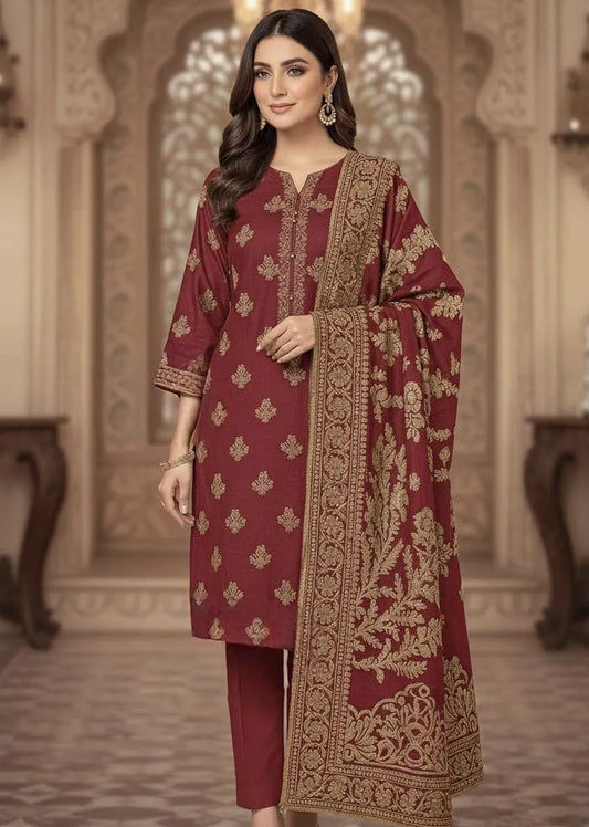 PERSIAN PALACHI WOOL WINTER 3PC SUIT WITH PALACHI SHWAL (Red) PLD-01