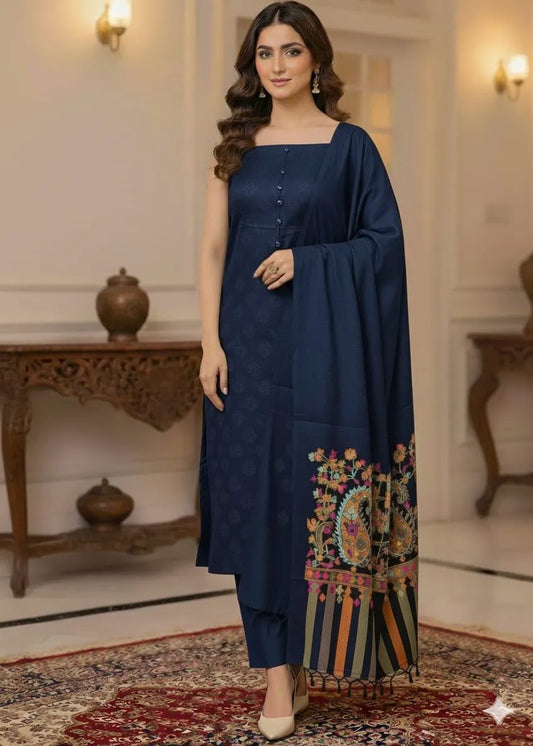 PERSIAN WOOL SWATI WINTER PRINTED 3PC SUIT (Navy Blue)
