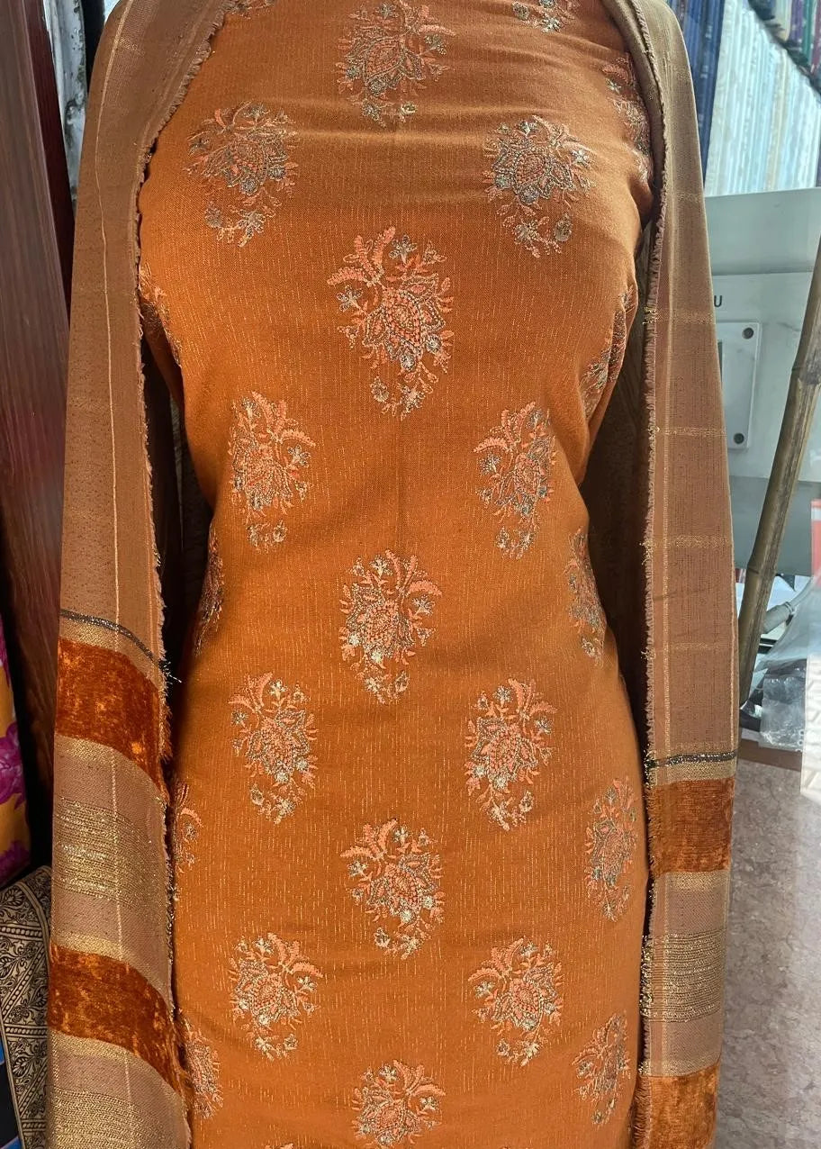 PERSIAN WOOL 3PC EMBROIDERED WINTER SUIT WITH SHWAL (BROWN) EPW-01
