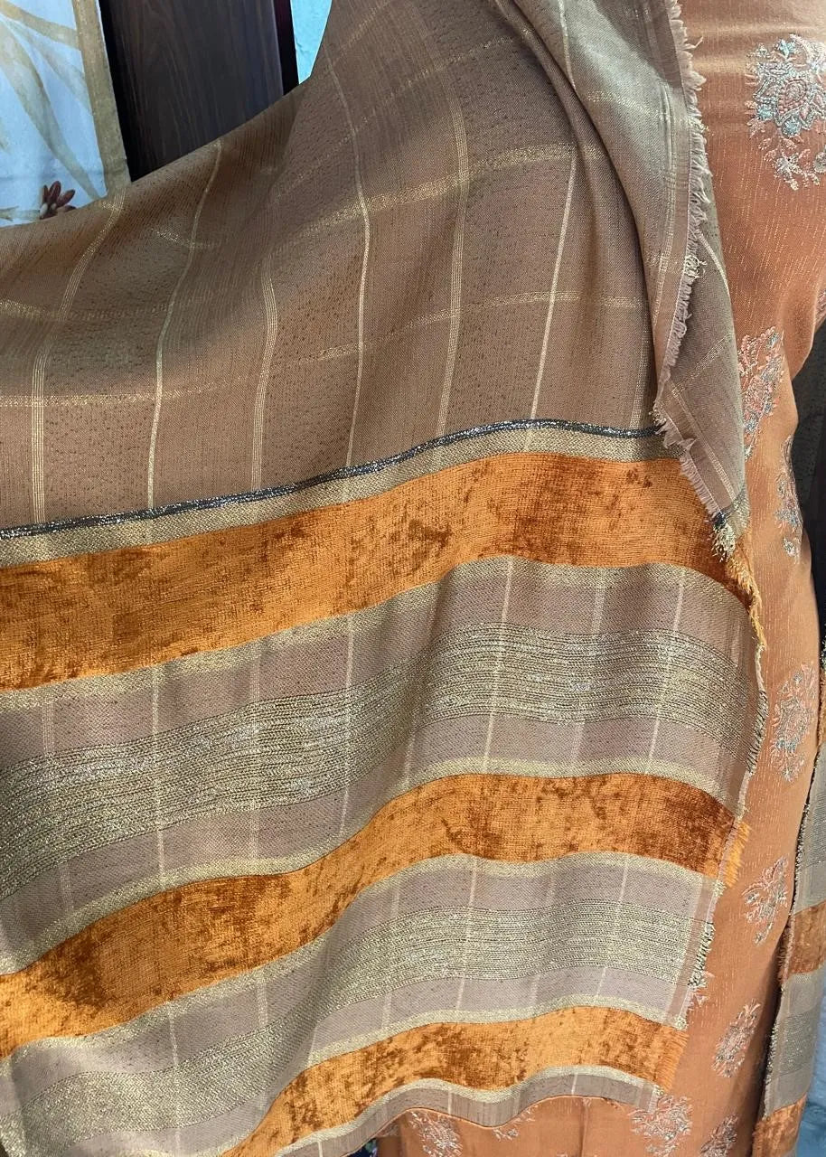 PERSIAN WOOL 3PC EMBROIDERED WINTER SUIT WITH SHWAL (BROWN) EPW-01