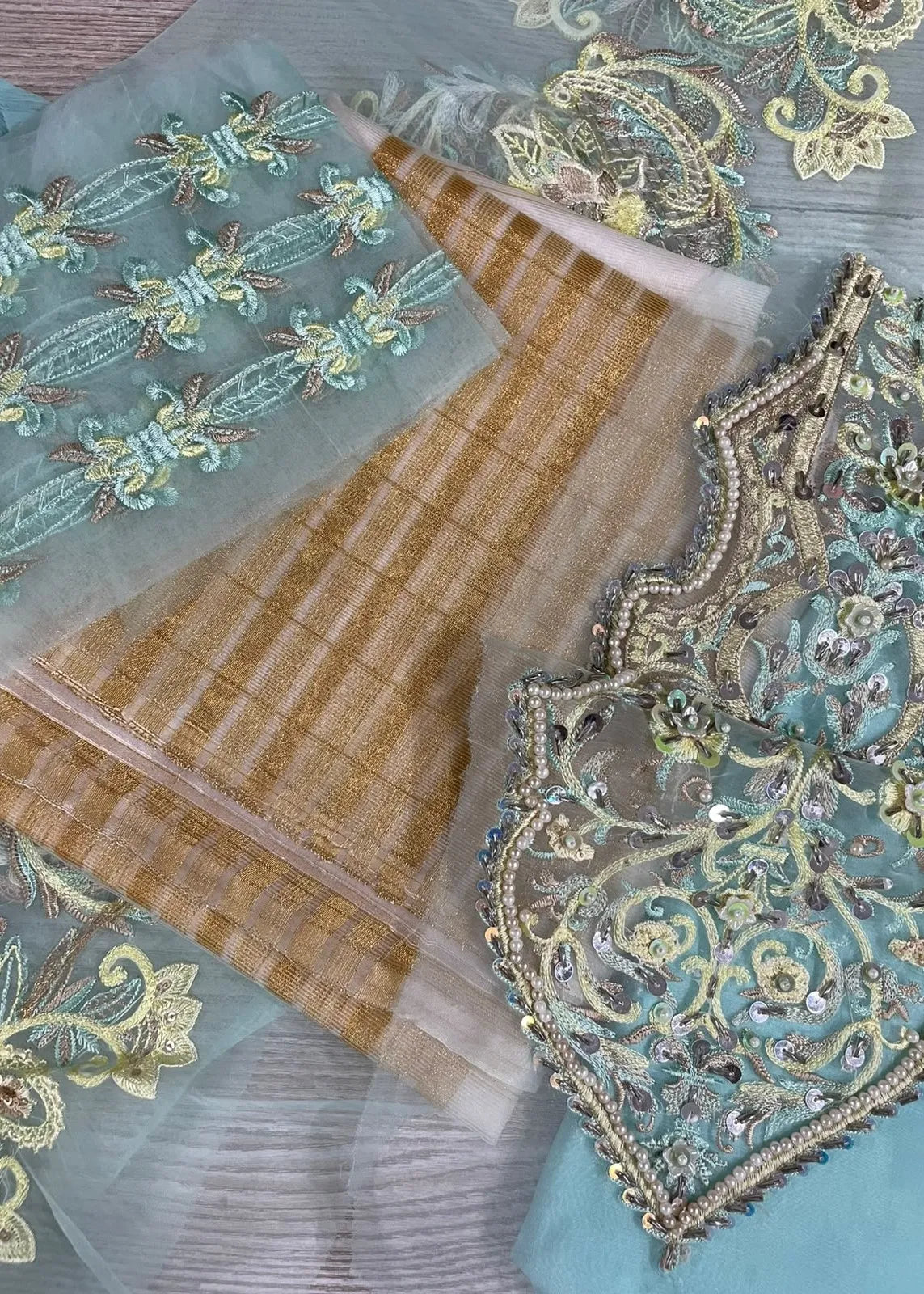 JAAN E ADAA AQUA MARINE CHIFFON HAND EMBELLISHED 3PC SUIT D-09