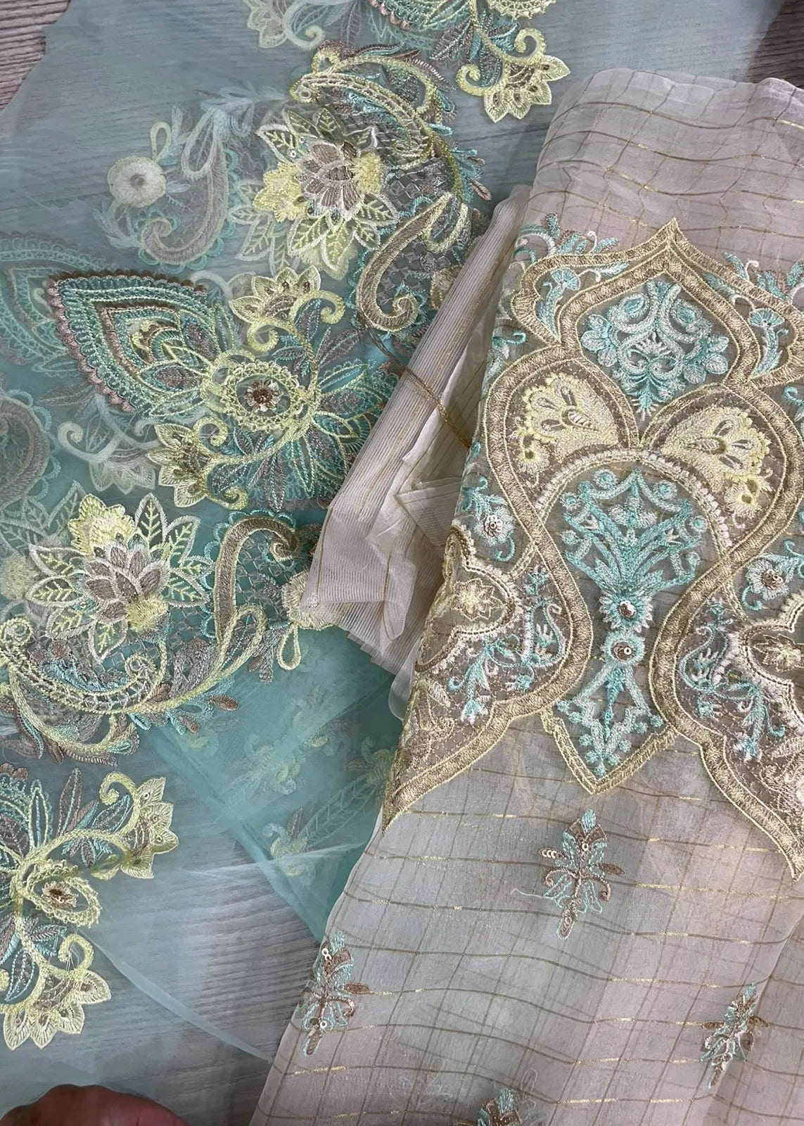 JAAN E ADAA AQUA MARINE CHIFFON HAND EMBELLISHED 3PC SUIT D-09
