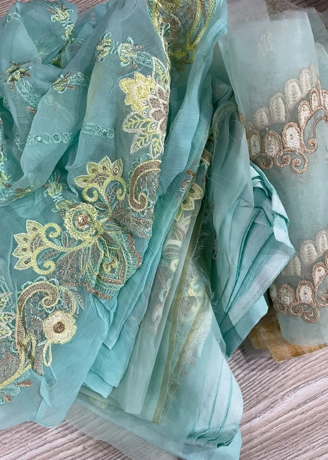 JAAN E ADAA AQUA MARINE CHIFFON HAND EMBELLISHED 3PC SUIT D-09