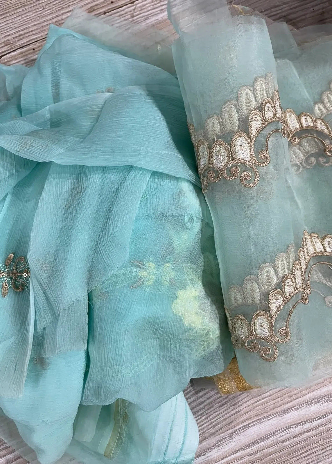 JAAN E ADAA AQUA MARINE CHIFFON HAND EMBELLISHED 3PC SUIT D-09
