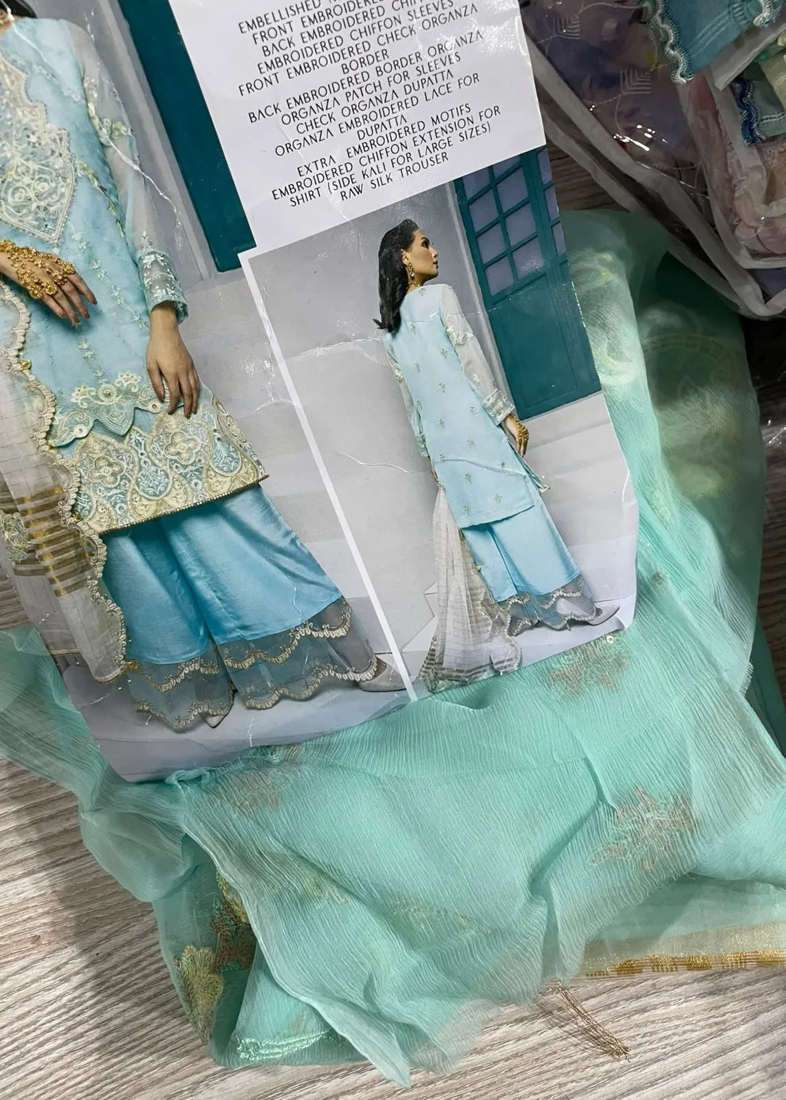 JAAN E ADAA AQUA MARINE CHIFFON HAND EMBELLISHED 3PC SUIT D-09