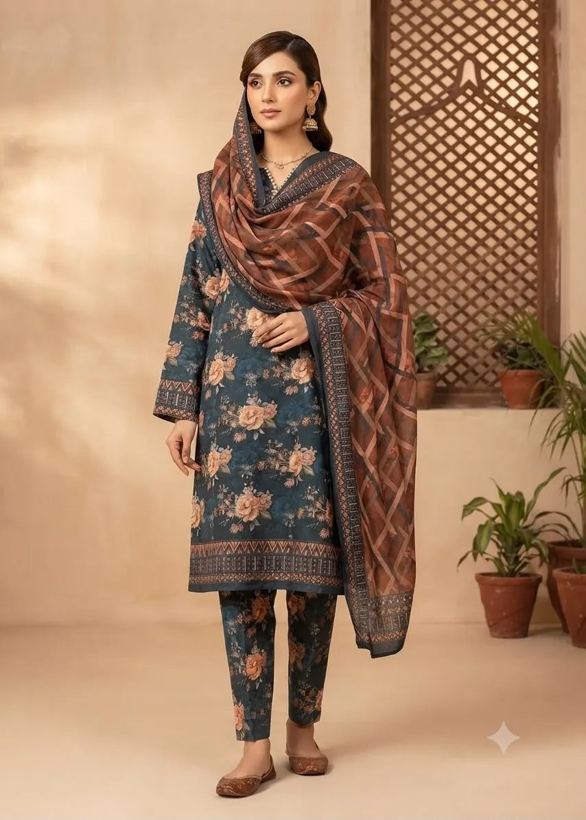VISCOSE LINEN DIGITAL PRINTED SUIT 3 PIECE UNSTITCHED D-25