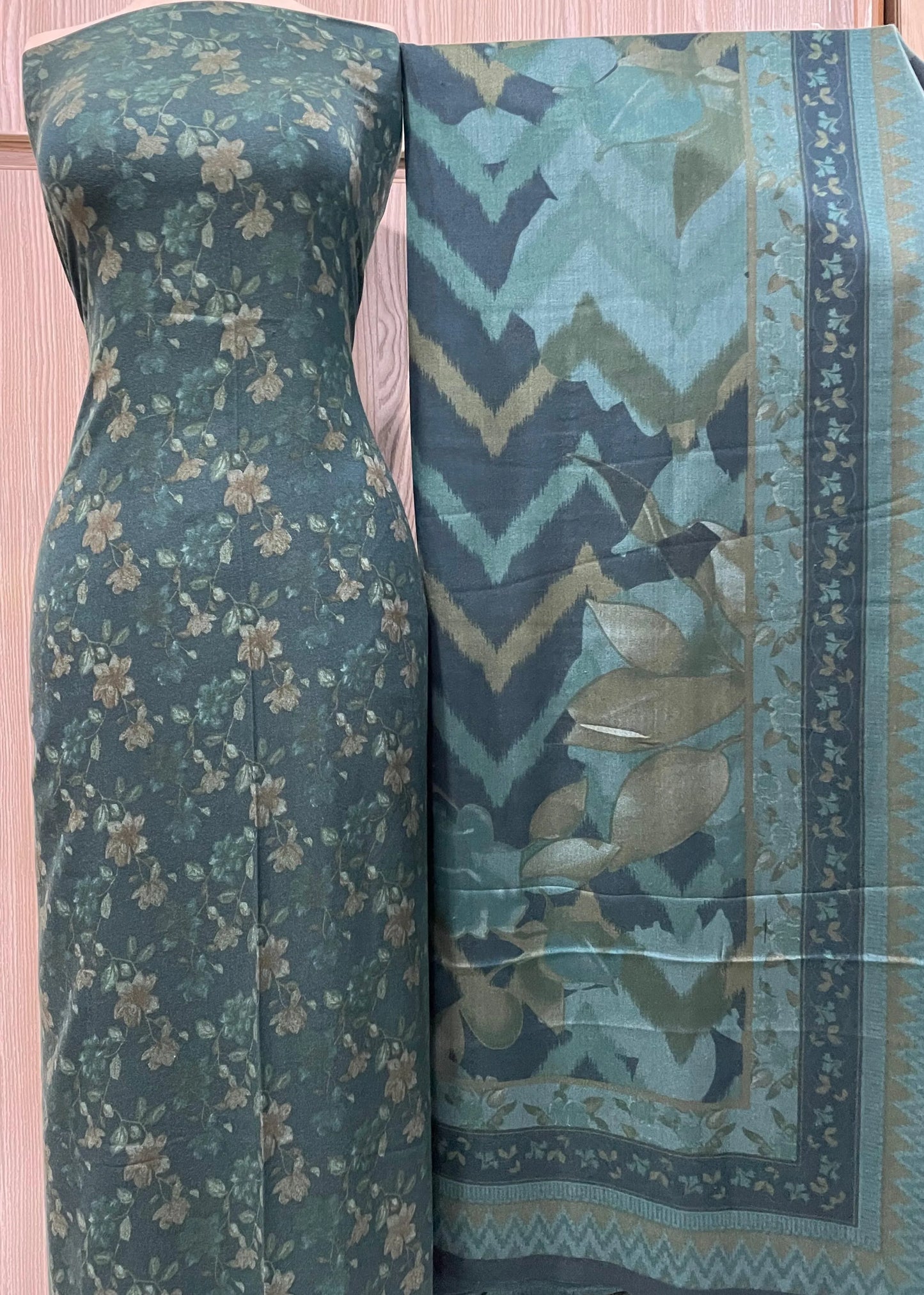 PERSIAN WOOL WINTER PRINTED 3PC SUIT (Dark Green Brown Flowers Nw)