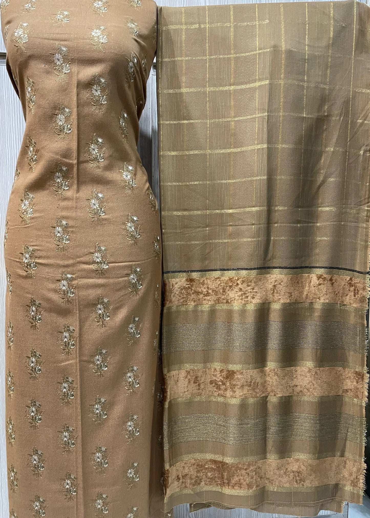 PERSIAN WOOL EMBROIDED WINTER 3PC SUIT WITH PALACHI SHWAL (Brown) PED-03