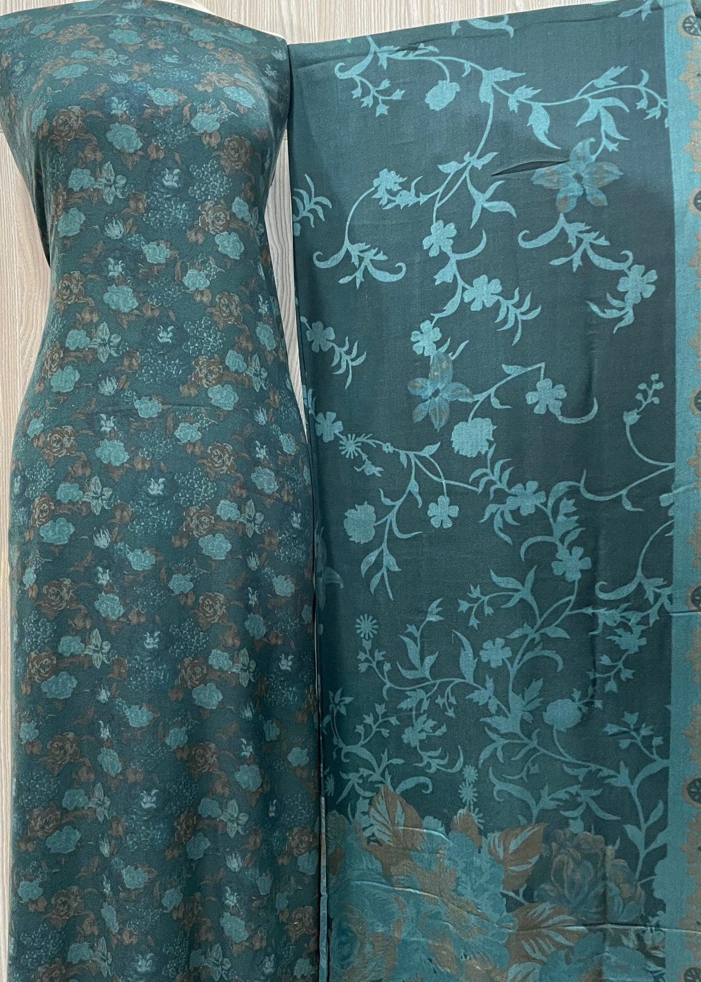 PERSIAN WOOL WINTER PRINTED 3PC SUIT (Dark Green, Green Flowers Nw)