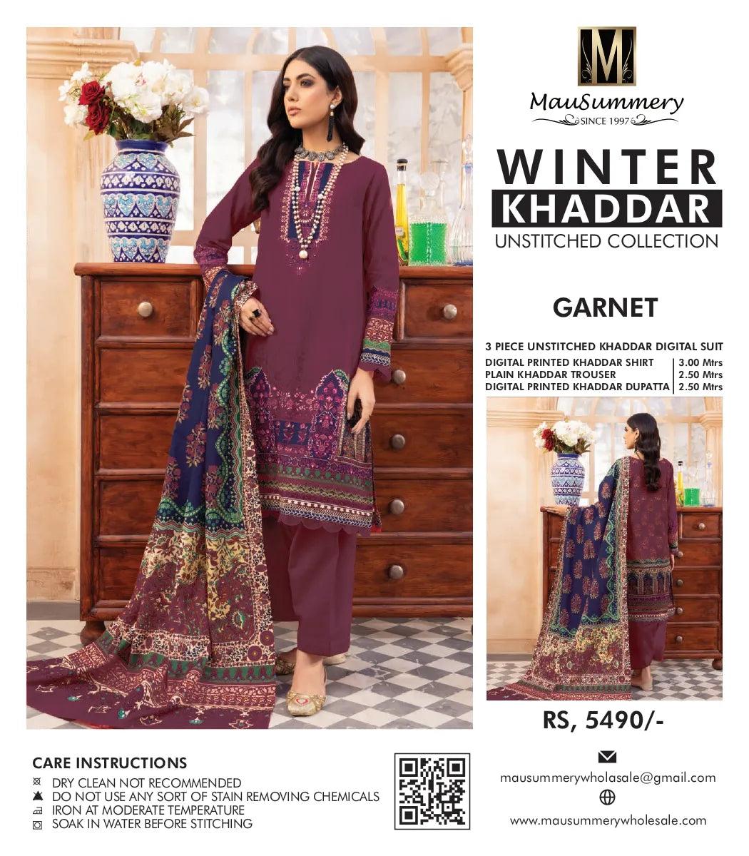 MAUSUMMERY KHADDAR DIGITAL PRINTED SUIT 3 PIECE UNSTITCHED CARNELIAN