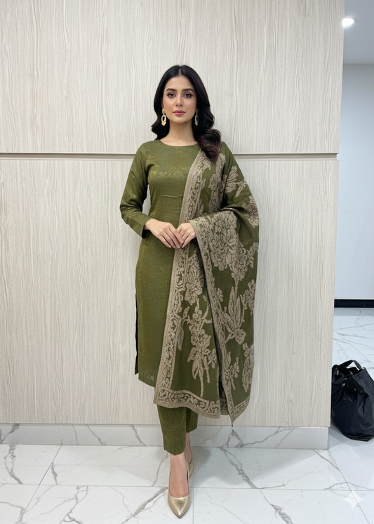 PERSIAN WOOL WINTER 3PC SUIT WITH PALACHI SHWAL (Green)