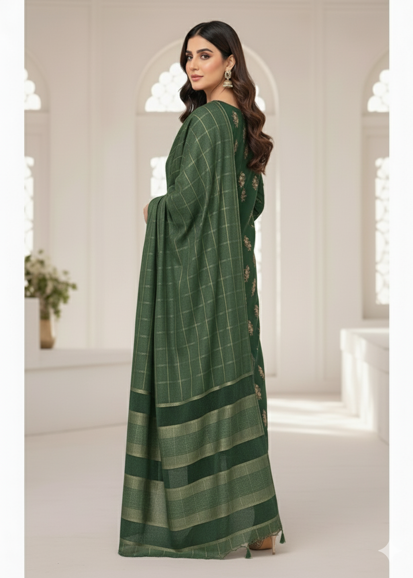 PERSIAN WOOL EMBROIDED WINTER 3PC SUIT WITH PALACHI SHWAL (Dark Green) PED-02