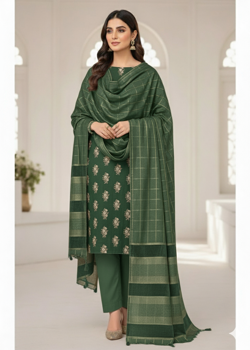 PERSIAN WOOL EMBROIDED WINTER 3PC SUIT WITH PALACHI SHWAL (Dark Green) PED-02