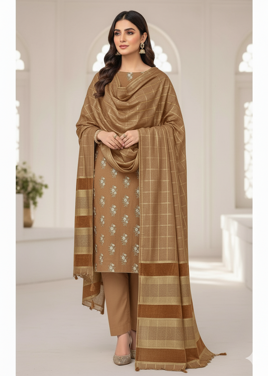 PERSIAN WOOL EMBROIDED WINTER 3PC SUIT WITH PALACHI SHWAL (Brown) PED-03