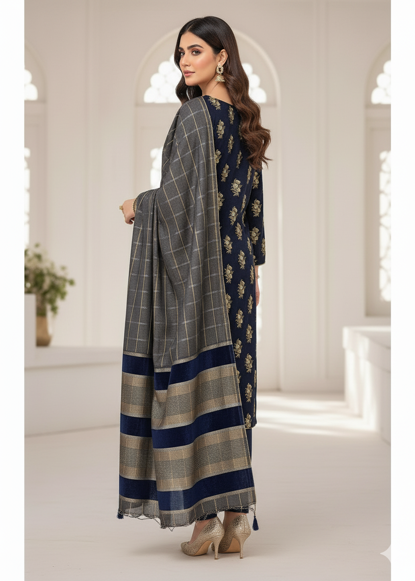 PERSIAN WOOL EMBROIDED WINTER 3PC SUIT WITH PALACHI SHWAL (Blue) PED-04
