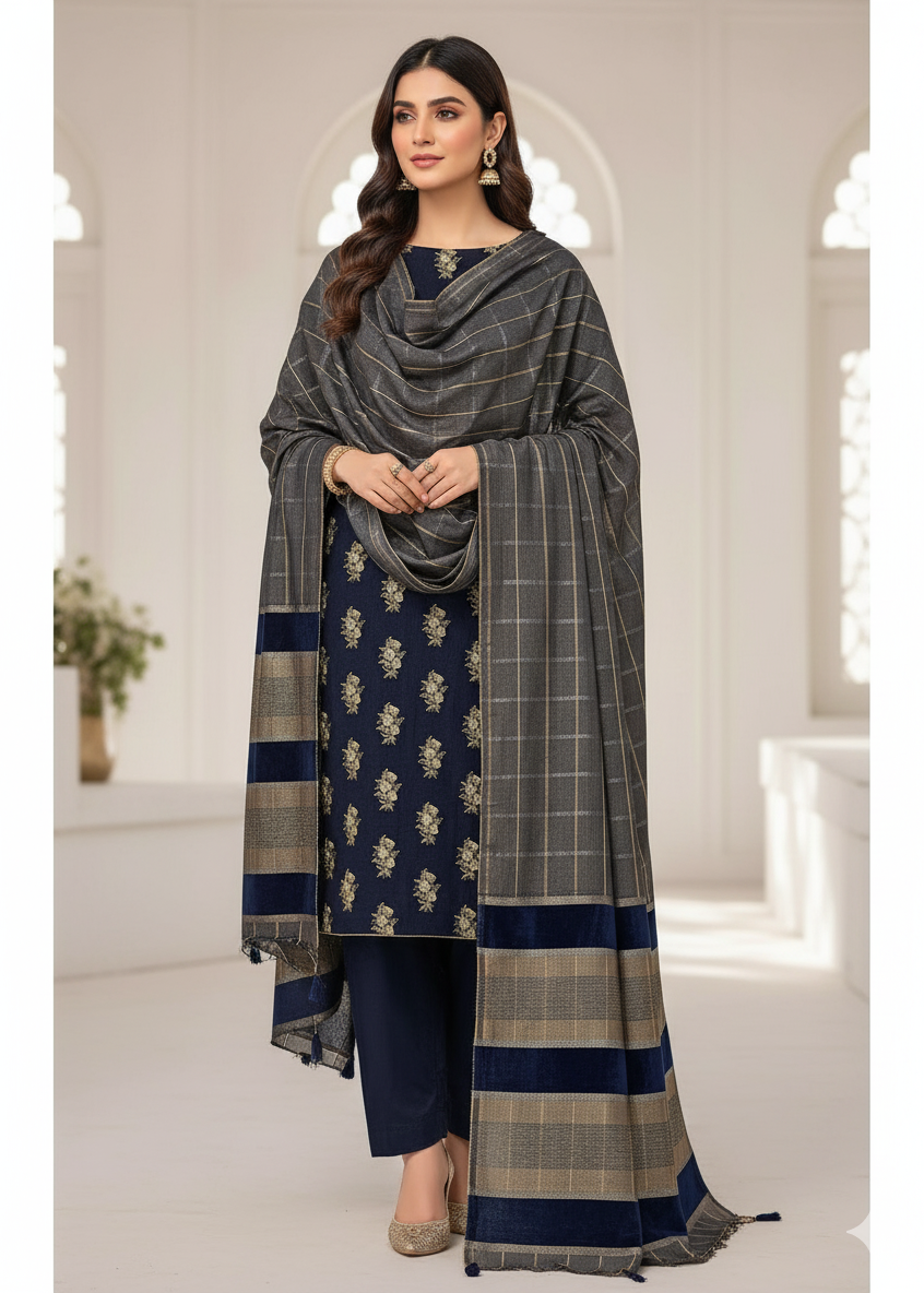 PERSIAN WOOL EMBROIDED WINTER 3PC SUIT WITH PALACHI SHWAL (Blue) PED-04