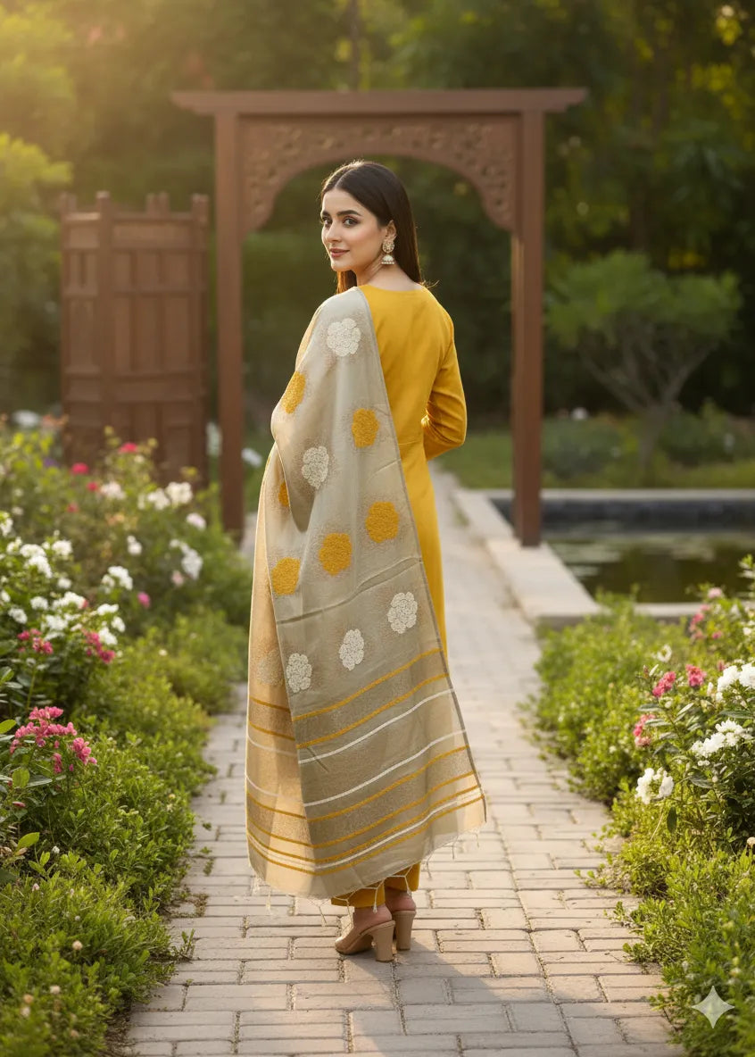 PERSIAN WOOL WINTER PRINTED 3PC SUIT WITH SWATI SHWAL (Yellow)
