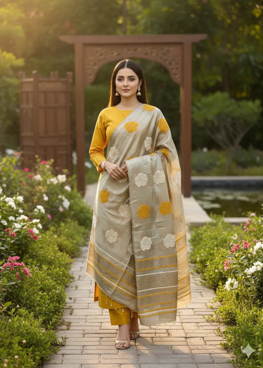 PERSIAN WOOL WINTER PRINTED 3PC SUIT WITH SWATI SHWAL (Yellow)