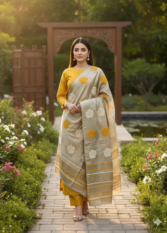 PERSIAN WOOL WINTER PRINTED 3PC SUIT WITH SWATI SHWAL (Yellow)