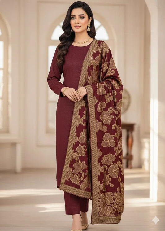PERSIAN WOOL WINTER 3PC SUIT WITH PALACHI SHWAL (Maroon) PSD-01