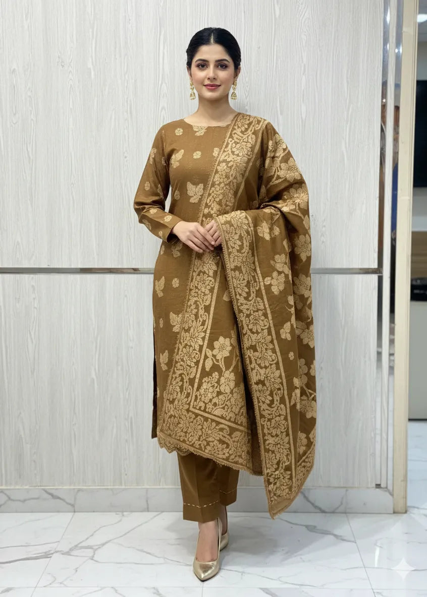 PERSIAN WOOL WINTER 3PC SUIT WITH PALACHI SHWAL (Brown)