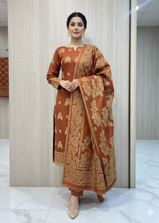 PERSIAN WOOL WINTER 3PC SUIT WITH PALACHI SHWAL (Copper)