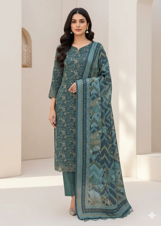 PERSIAN WOOL WINTER PRINTED 3PC SUIT (Dark Green Brown Flowers Nw)